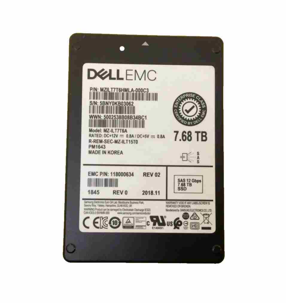 DELL EMC 118000634 MZ-ILT7T6A 118000634 MZILT7T6HMLA-00AC3 7.68TB SAS 12Gbps 2.5inch SSD Hard Drive